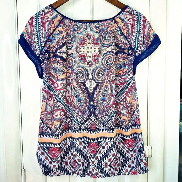 John Paul Richard Boho Bohemian Paisley Peasant Blouse Short Sleeves Sz M - Picture 5 of 11